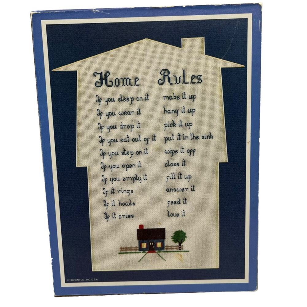 Home Rules Sign 1992 Retro Kitsch Blue White Hardboard Decor Wall Hanging
